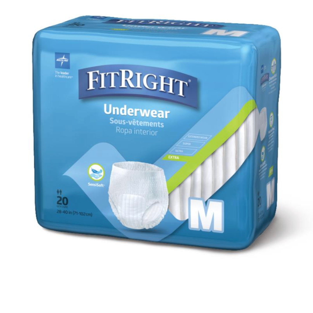 The FitRight Unisex Extra Adult Pull-Up Underwear package displays the product image, medium size symbol, SemiSoft label, and features like odor control and maximum absorbency for comfort. Text in English and French notes a 20-count package.